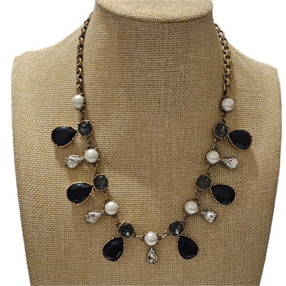 J. Crew Black Crystal Faux Pearl Gold Tone Statement Bib Necklace Antique Finish